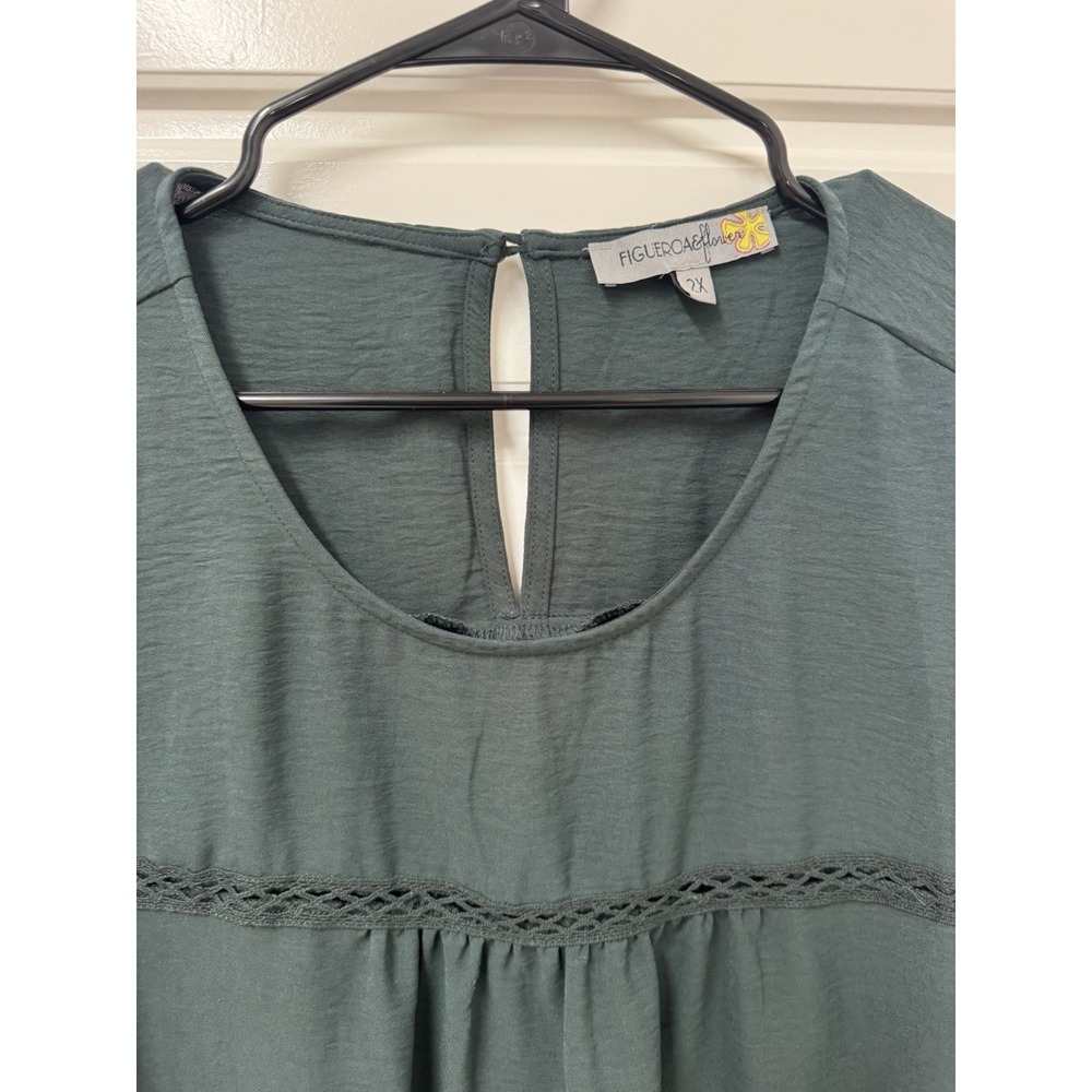 Figueroa & Flower Women 2X Green Embroidered Sleeve Tunic Blouse Top